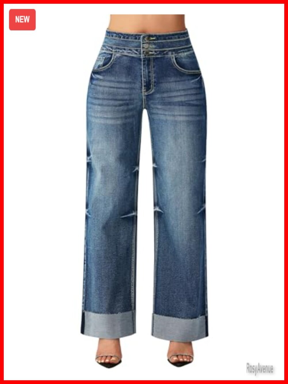 High Waisted Wide Leg Jeans Cuffed Hem Five Pocket